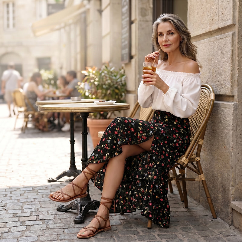 Jupe midi pour femme à motif floral, taille haute, volants et fente, idéale pour les vacances d'été.