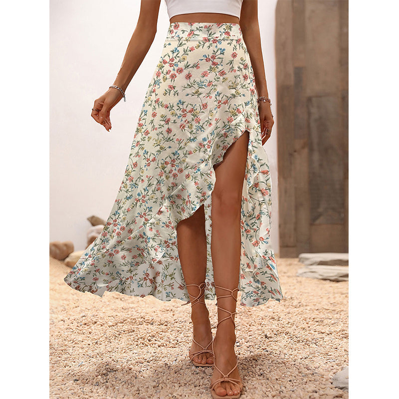 Jupe midi pour femme à motif floral, taille haute, volants et fente, idéale pour les vacances d'été.