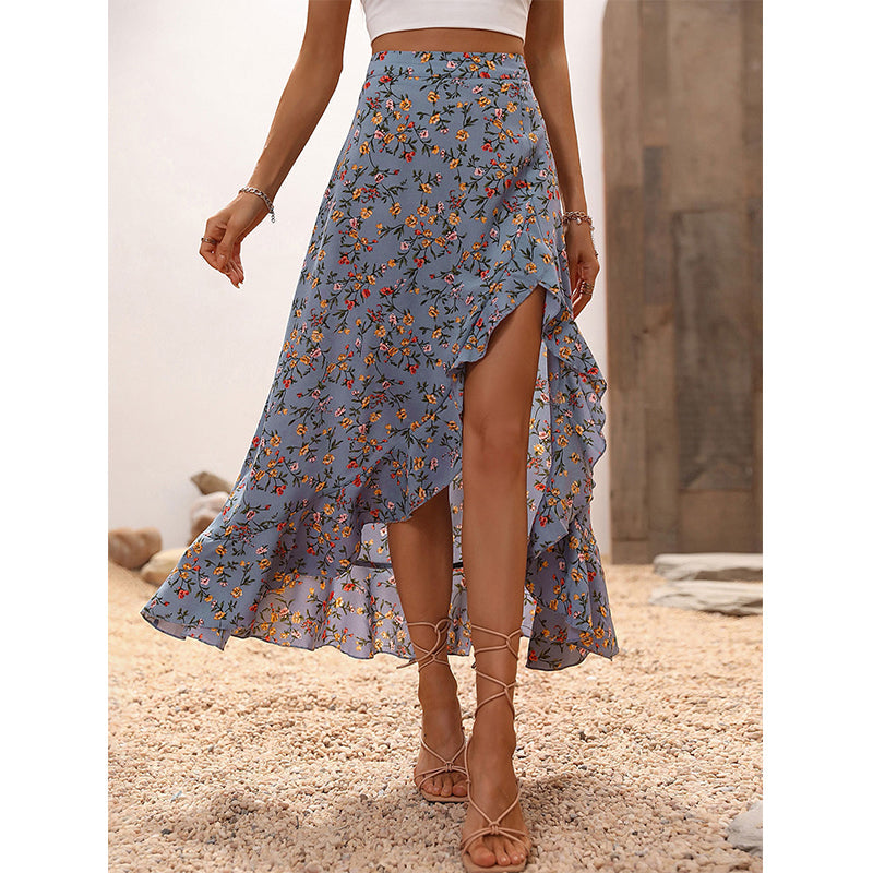 Jupe midi pour femme à motif floral, taille haute, volants et fente, idéale pour les vacances d'été.