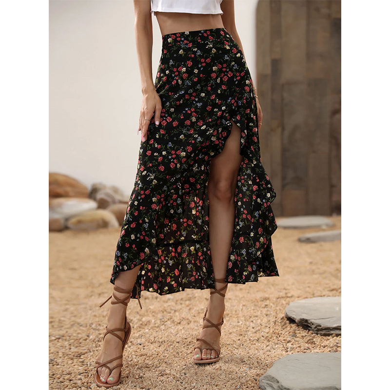 Jupe midi pour femme à motif floral, taille haute, volants et fente, idéale pour les vacances d'été.