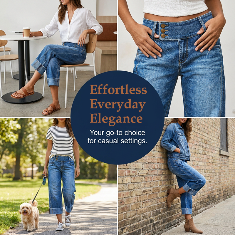 👖 50 % DE RÉDUCTION MAINTENANT ! 💙 Jean large court pour femme – Taille haute boutonnée et coupe décontractée – Denim extensible, parfait pour un look casual ou chic ✨🌸