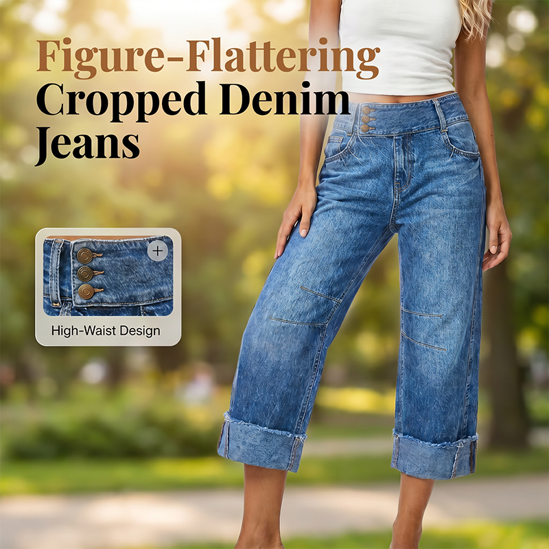 👖 50 % DE RÉDUCTION MAINTENANT ! 💙 Jean large court pour femme – Taille haute boutonnée et coupe décontractée – Denim extensible, parfait pour un look casual ou chic ✨🌸