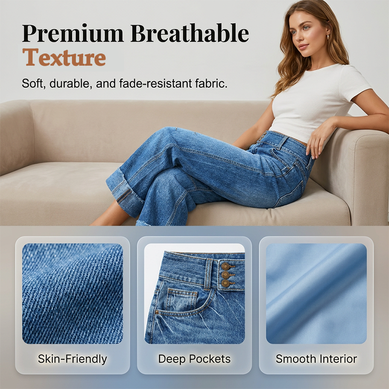👖 50 % DE RÉDUCTION MAINTENANT ! 💙 Jean large court pour femme – Taille haute boutonnée et coupe décontractée – Denim extensible, parfait pour un look casual ou chic ✨🌸
