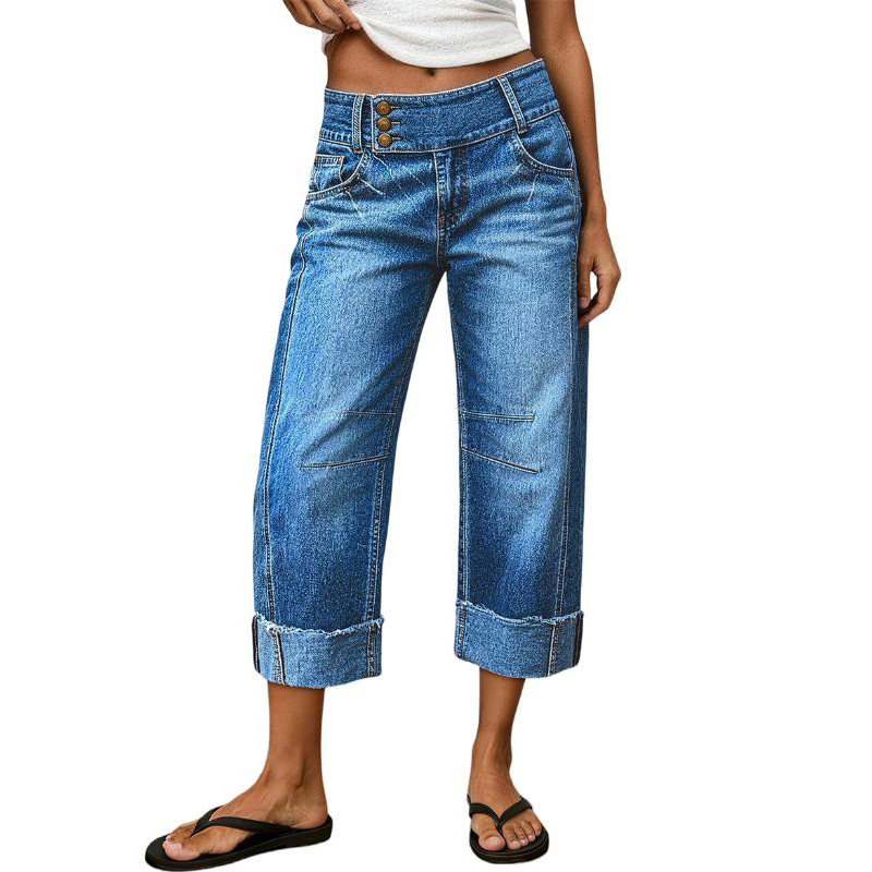 👖 50 % DE RÉDUCTION MAINTENANT ! 💙 Jean large court pour femme – Taille haute boutonnée et coupe décontractée – Denim extensible, parfait pour un look casual ou chic ✨🌸