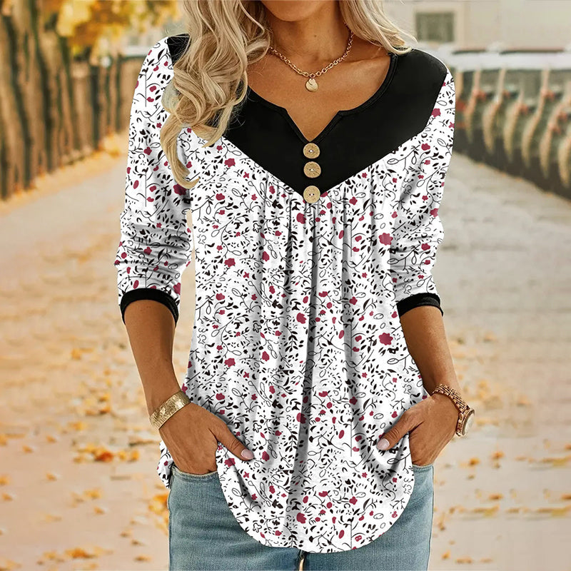T-shirt à manches longues imprimé à col en V pour femme