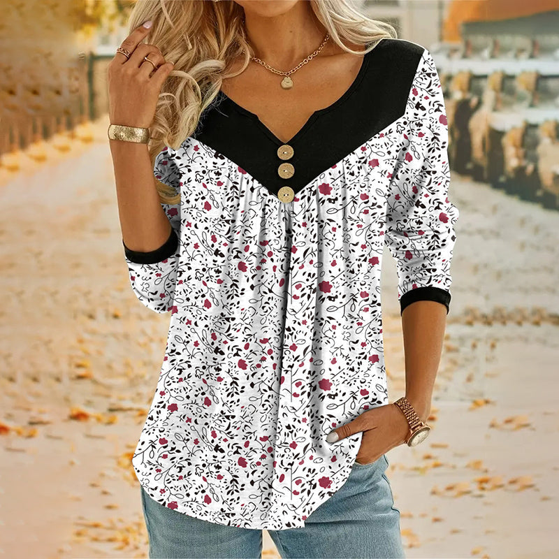 T-shirt à manches longues imprimé à col en V pour femme