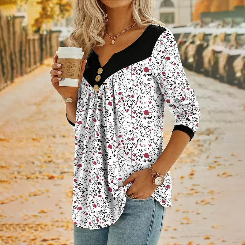 T-shirt à manches longues imprimé à col en V pour femme