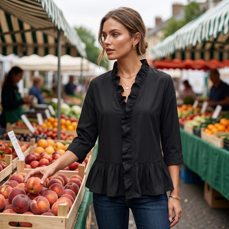 👚✨ Haut élégant pour femme, orné de volants et d'un col en V – féminin, léger et polyvalent – parfait pour le quotidien, le bureau et les occasions spéciales.