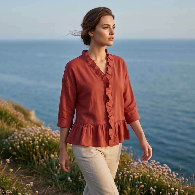 👚✨ Haut élégant pour femme, orné de volants et d'un col en V – féminin, léger et polyvalent – parfait pour le quotidien, le bureau et les occasions spéciales.