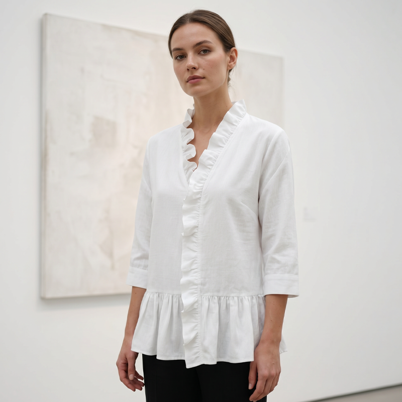 👚✨ Haut élégant pour femme, orné de volants et d'un col en V – féminin, léger et polyvalent – parfait pour le quotidien, le bureau et les occasions spéciales.