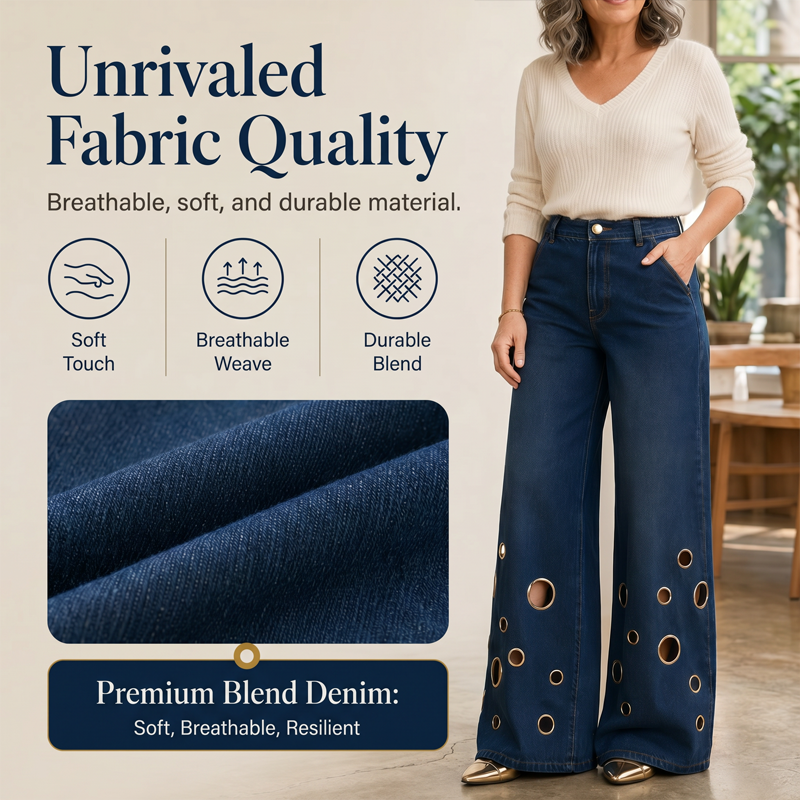 🖤Jean taille haute à jambes larges pour femme, orné d'œillets métalliques dorés, livraison gratuite