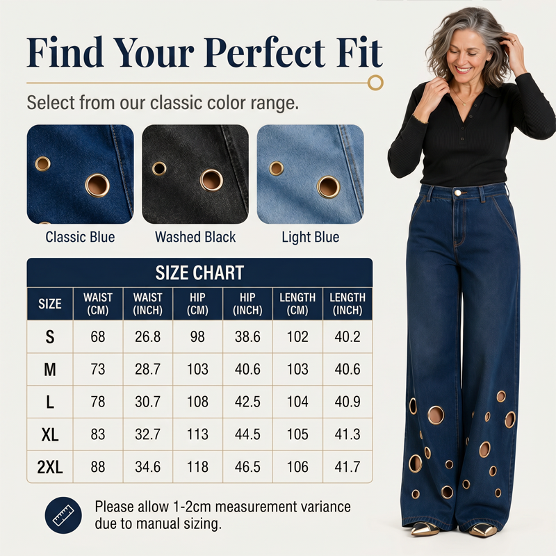 🖤Jean taille haute à jambes larges pour femme, orné d'œillets métalliques dorés, livraison gratuite