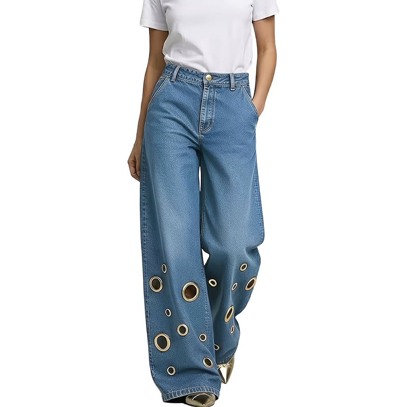 🖤Jean taille haute à jambes larges pour femme, orné d'œillets métalliques dorés, livraison gratuite