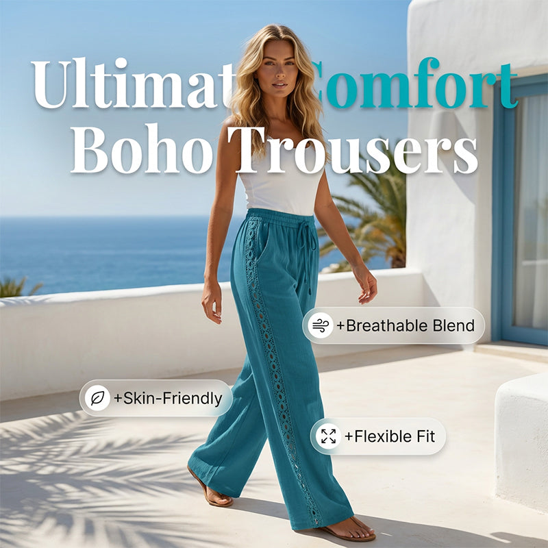 🔥-53%👖 Pantalon à jambes larges pour femmes, taille élastique avec cordon de serrage, bordure en dentelle, ample et confortable, style décontracté.