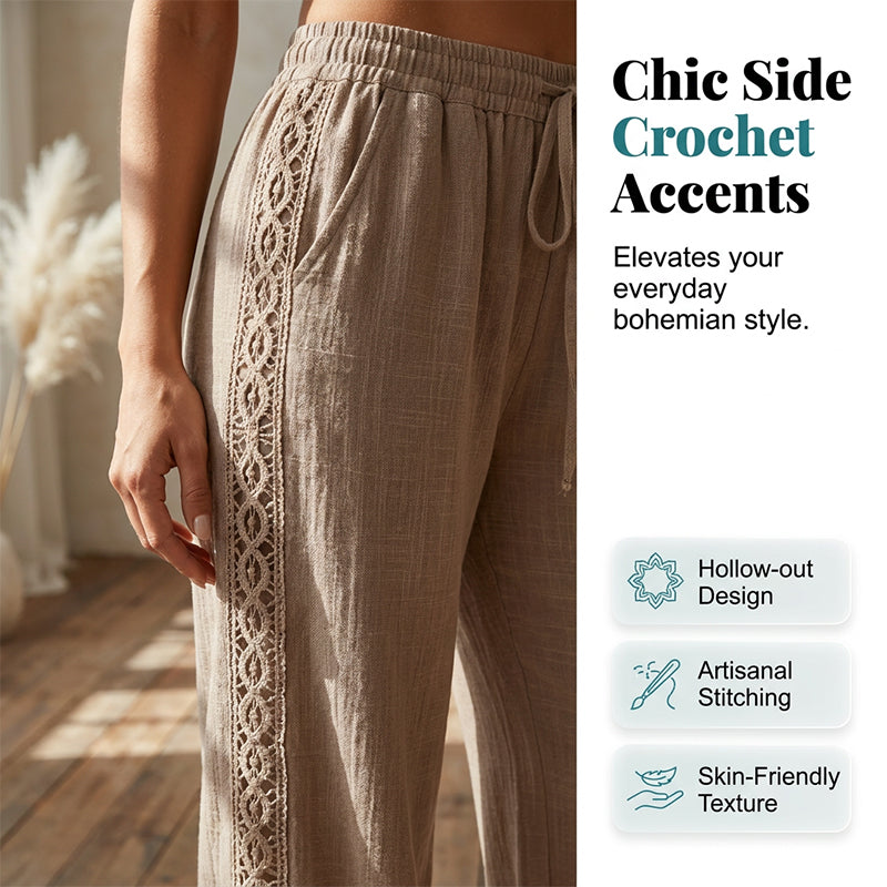 🔥-53%👖 Pantalon à jambes larges pour femmes, taille élastique avec cordon de serrage, bordure en dentelle, ample et confortable, style décontracté.