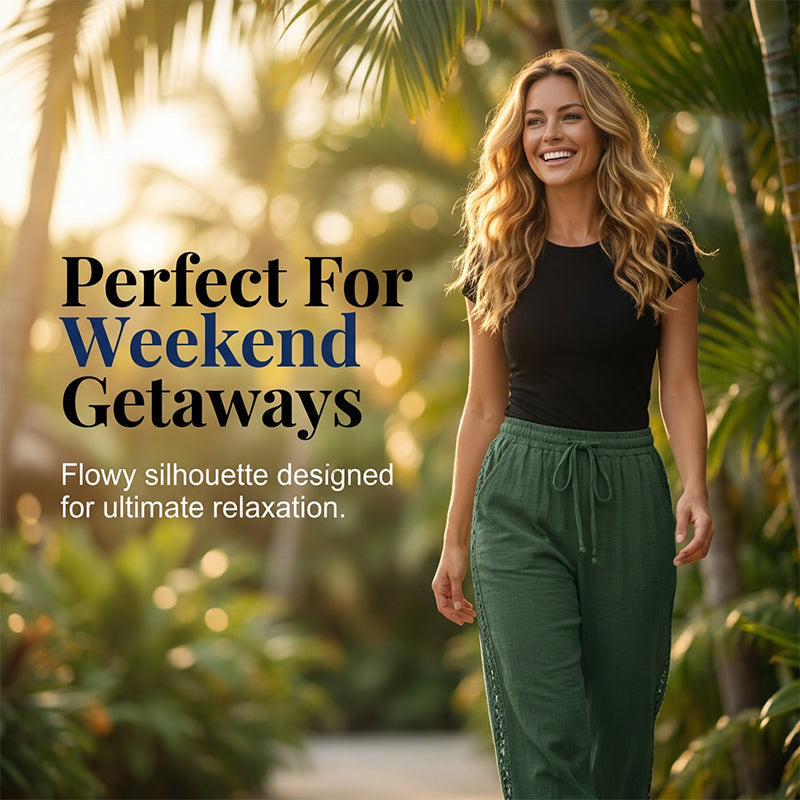 🔥-53%👖 Pantalon à jambes larges pour femmes, taille élastique avec cordon de serrage, bordure en dentelle, ample et confortable, style décontracté.
