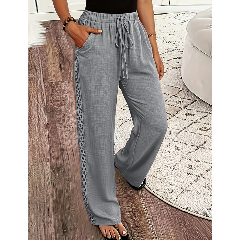 🔥-53%👖 Pantalon à jambes larges pour femmes, taille élastique avec cordon de serrage, bordure en dentelle, ample et confortable, style décontracté.