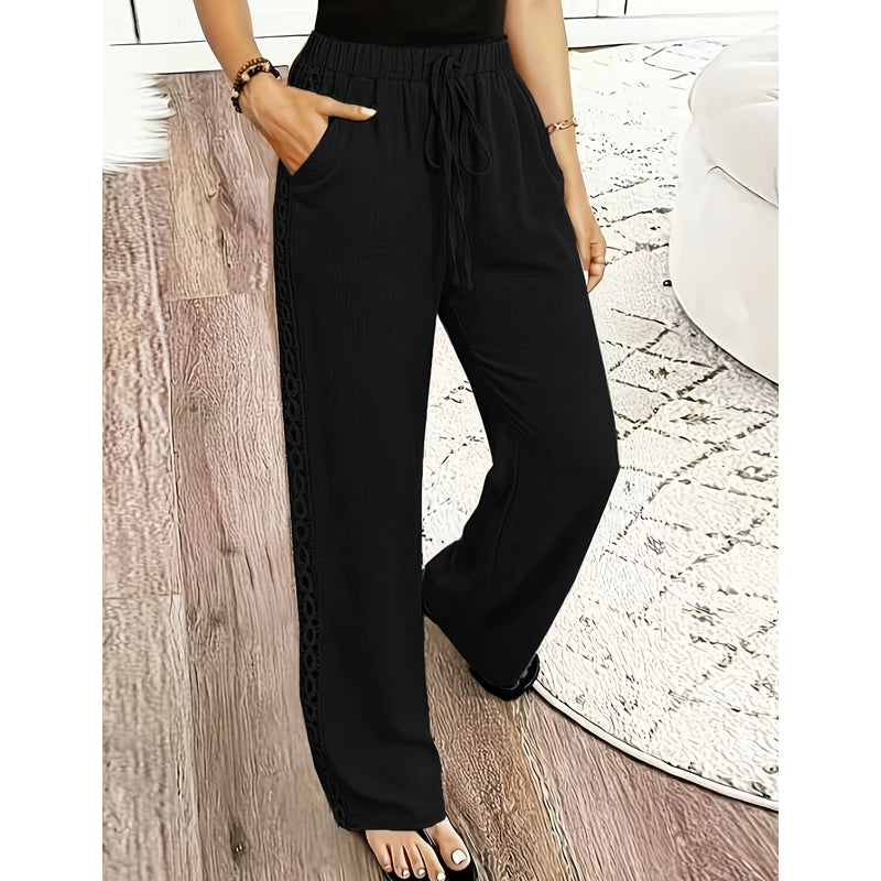 🔥-53%👖 Pantalon à jambes larges pour femmes, taille élastique avec cordon de serrage, bordure en dentelle, ample et confortable, style décontracté.