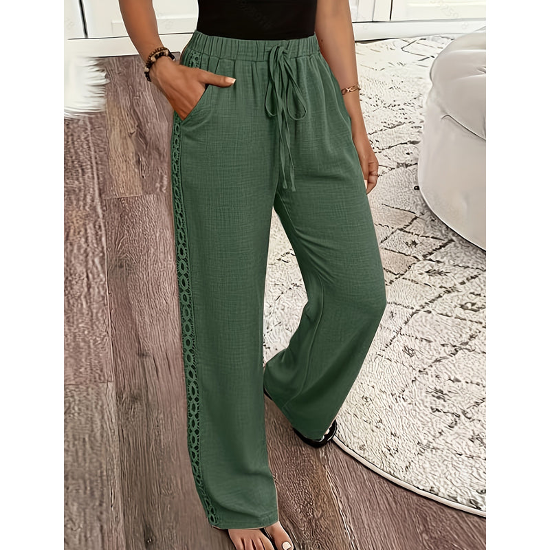 🔥-53%👖 Pantalon à jambes larges pour femmes, taille élastique avec cordon de serrage, bordure en dentelle, ample et confortable, style décontracté.