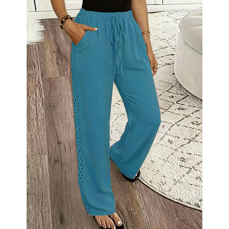 🔥-53%👖 Pantalon à jambes larges pour femmes, taille élastique avec cordon de serrage, bordure en dentelle, ample et confortable, style décontracté.