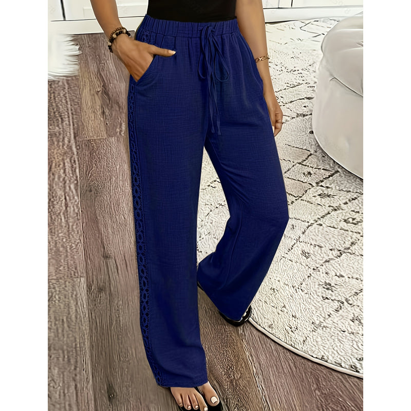 🔥-53%👖 Pantalon à jambes larges pour femmes, taille élastique avec cordon de serrage, bordure en dentelle, ample et confortable, style décontracté.