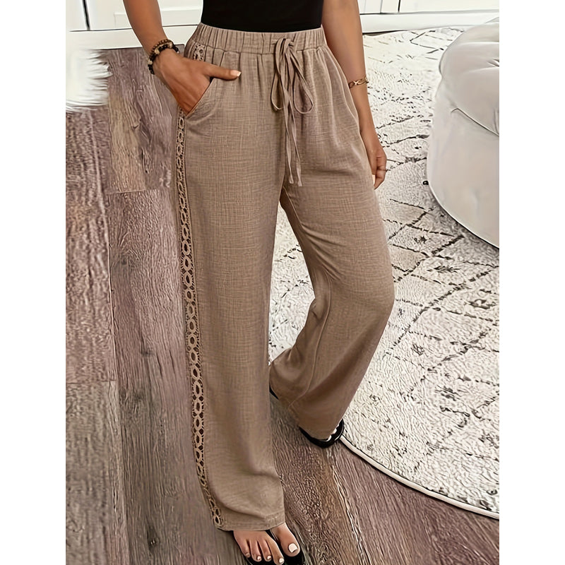 🔥-53%👖 Pantalon à jambes larges pour femmes, taille élastique avec cordon de serrage, bordure en dentelle, ample et confortable, style décontracté.