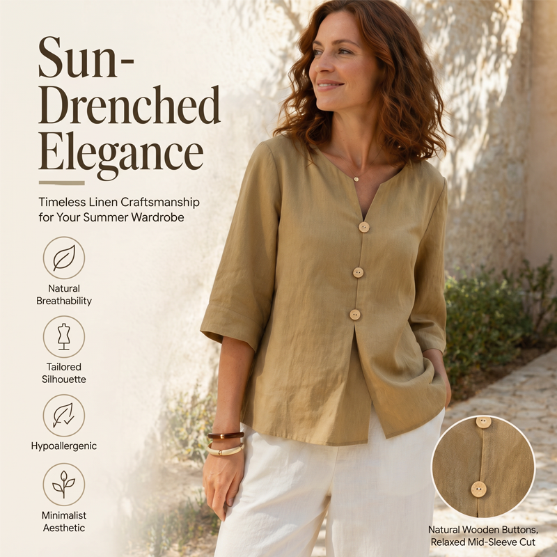 🌸 Chemise en lin pour femme, col V, manches trois-quarts. Coupe ample et fluide. 🌿 Ultra-respirante et évacuant l'humidité.