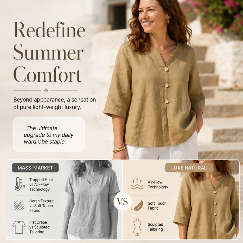 🌸 Chemise en lin pour femme, col V, manches trois-quarts. Coupe ample et fluide. 🌿 Ultra-respirante et évacuant l'humidité.