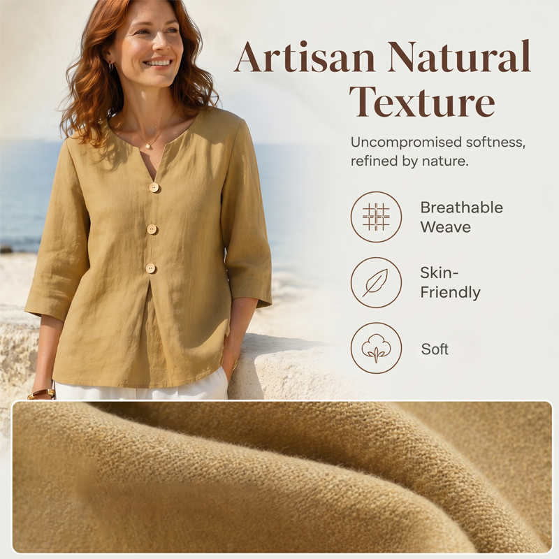 🌸 Chemise en lin pour femme, col V, manches trois-quarts. Coupe ample et fluide. 🌿 Ultra-respirante et évacuant l'humidité.