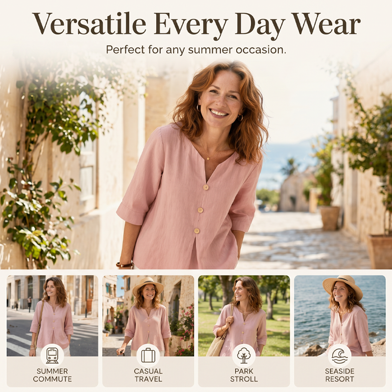 🌸 Chemise en lin pour femme, col V, manches trois-quarts. Coupe ample et fluide. 🌿 Ultra-respirante et évacuant l'humidité.