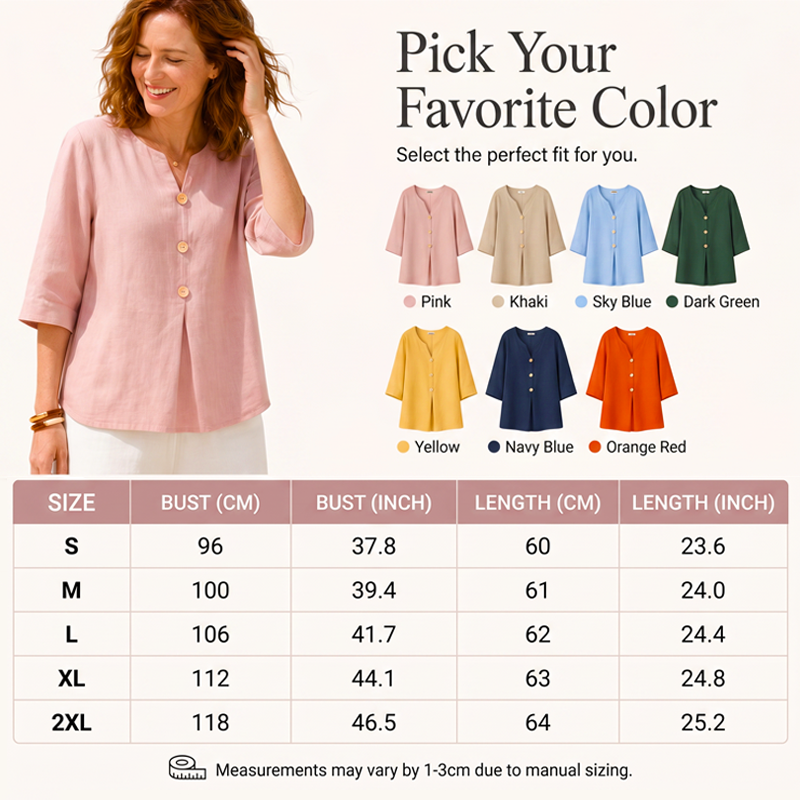 🌸 Chemise en lin pour femme, col V, manches trois-quarts. Coupe ample et fluide. 🌿 Ultra-respirante et évacuant l'humidité.