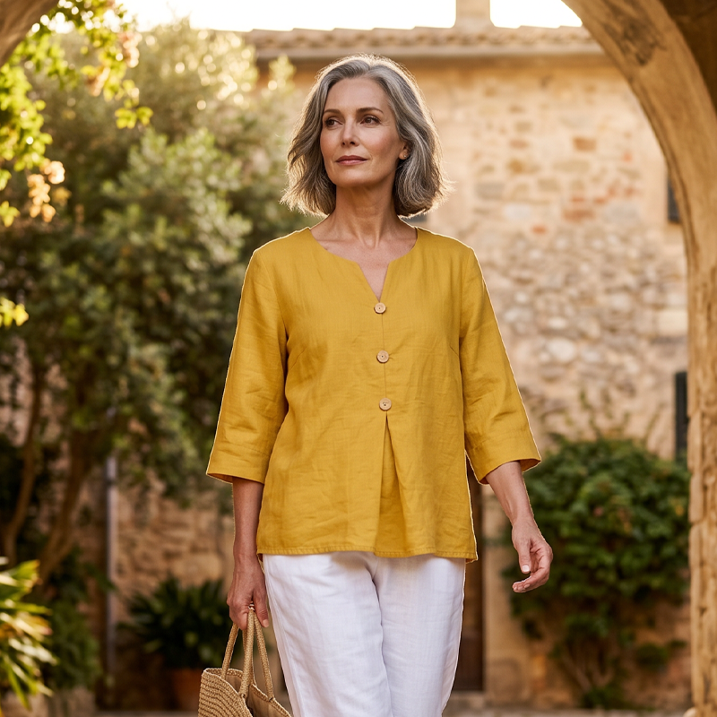 🌸 Chemise en lin pour femme, col V, manches trois-quarts. Coupe ample et fluide. 🌿 Ultra-respirante et évacuant l'humidité.