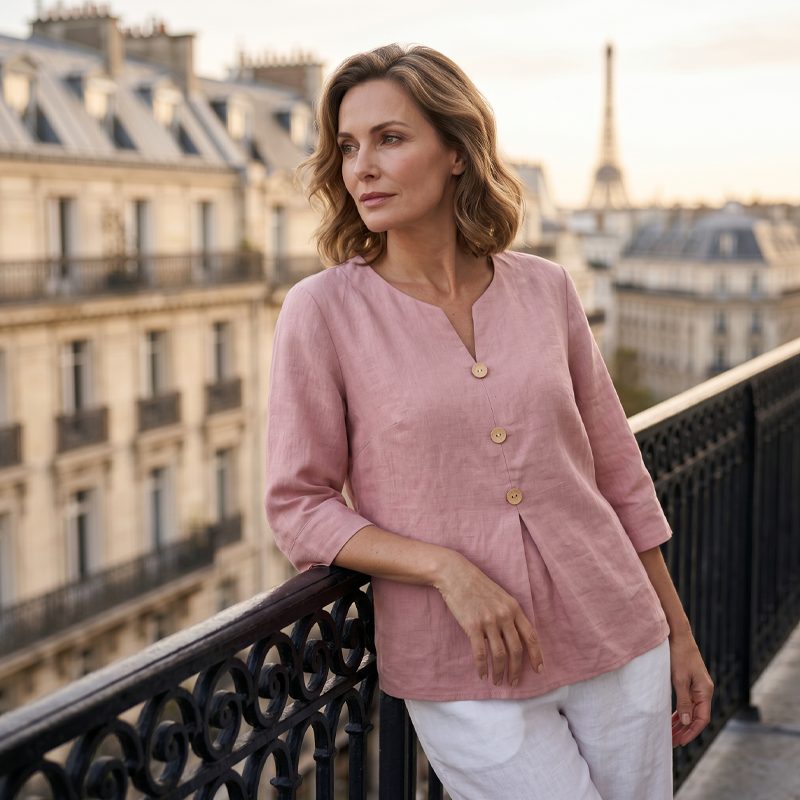 🌸 Chemise en lin pour femme, col V, manches trois-quarts. Coupe ample et fluide. 🌿 Ultra-respirante et évacuant l'humidité.