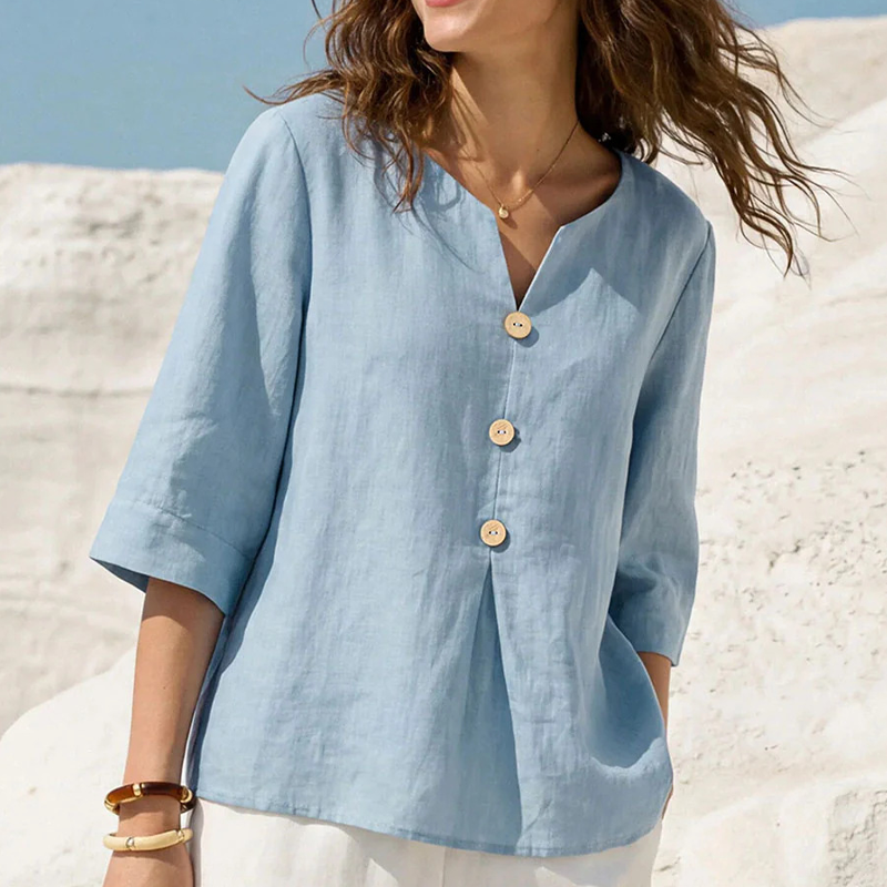 🌸 Chemise en lin pour femme, col V, manches trois-quarts. Coupe ample et fluide. 🌿 Ultra-respirante et évacuant l'humidité.