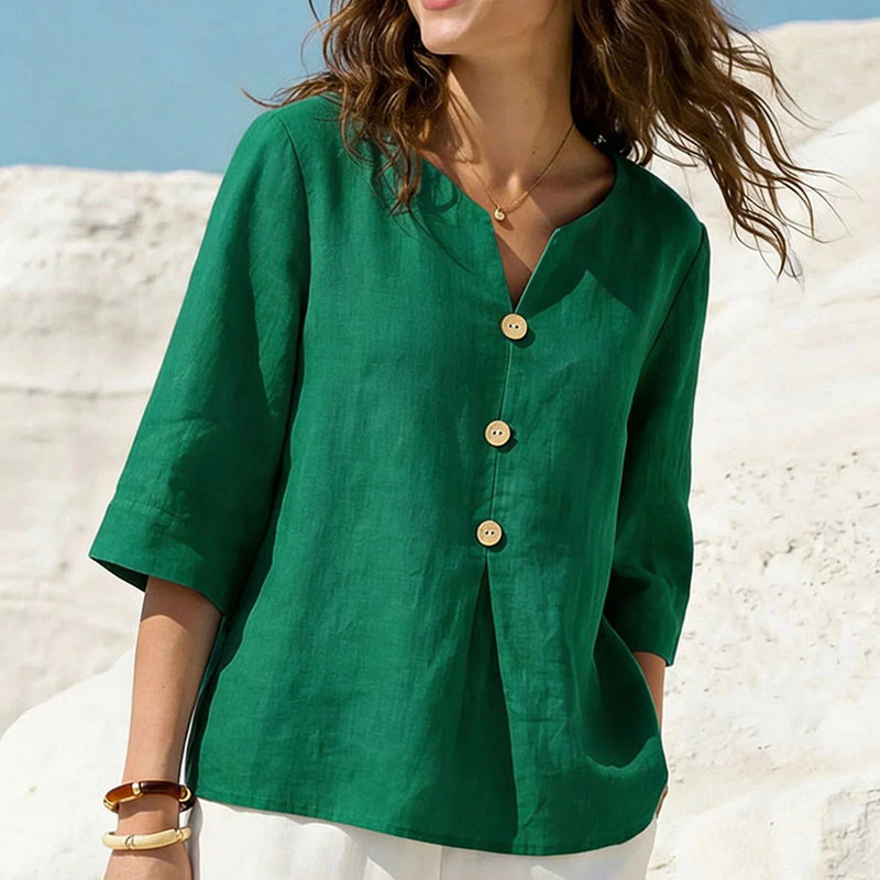 🌸 Chemise en lin pour femme, col V, manches trois-quarts. Coupe ample et fluide. 🌿 Ultra-respirante et évacuant l'humidité.