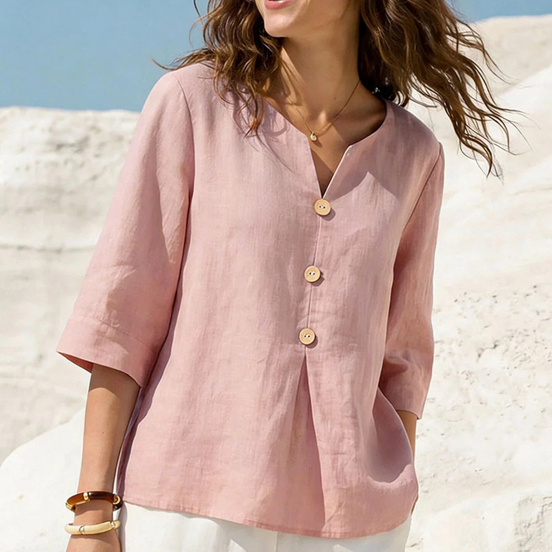 🌸 Chemise en lin pour femme, col V, manches trois-quarts. Coupe ample et fluide. 🌿 Ultra-respirante et évacuant l'humidité.