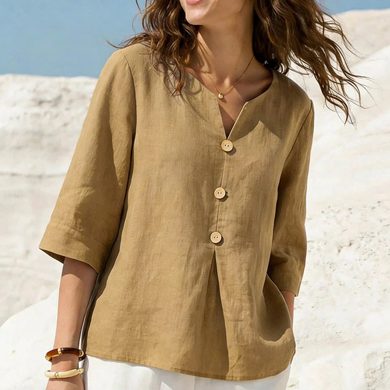 🌸 Chemise en lin pour femme, col V, manches trois-quarts. Coupe ample et fluide. 🌿 Ultra-respirante et évacuant l'humidité.