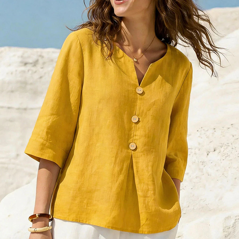🌸 Chemise en lin pour femme, col V, manches trois-quarts. Coupe ample et fluide. 🌿 Ultra-respirante et évacuant l'humidité.