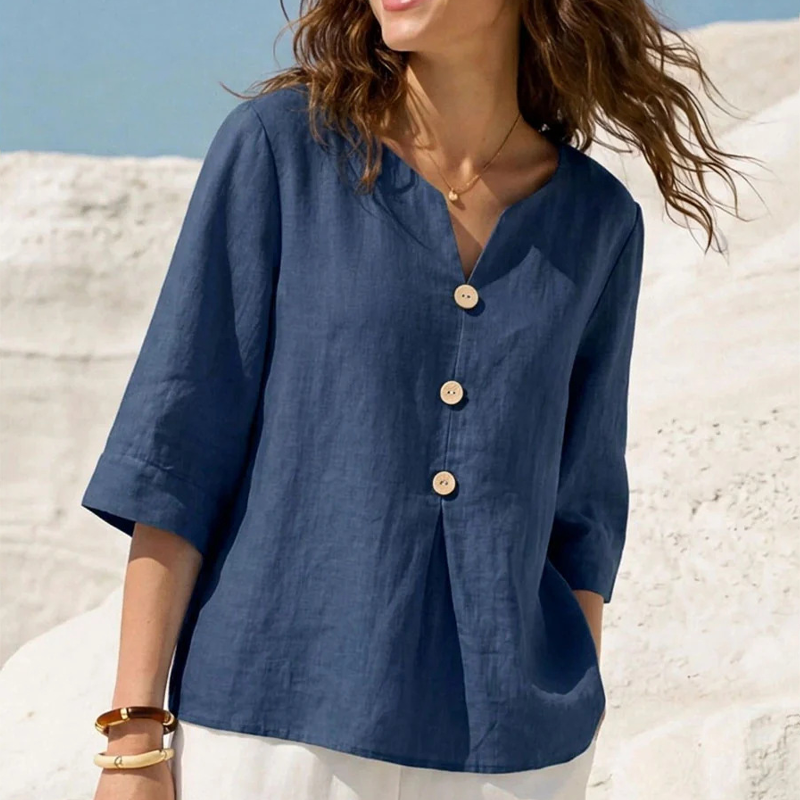 🌸 Chemise en lin pour femme, col V, manches trois-quarts. Coupe ample et fluide. 🌿 Ultra-respirante et évacuant l'humidité.