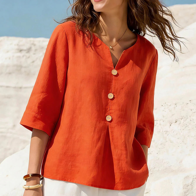 🌸 Chemise en lin pour femme, col V, manches trois-quarts. Coupe ample et fluide. 🌿 Ultra-respirante et évacuant l'humidité.