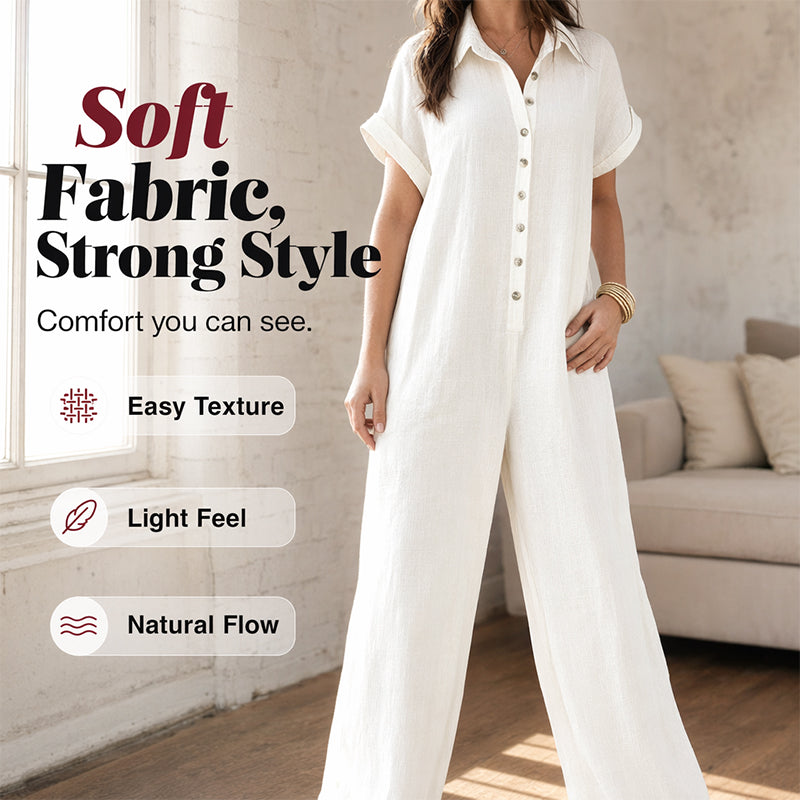 Combinaison-pantalon ample décontractée à manches courtes et boutons pour femme