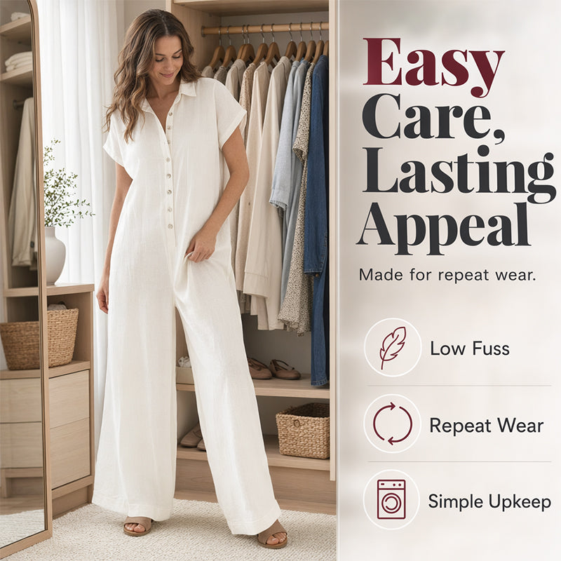 Combinaison-pantalon ample décontractée à manches courtes et boutons pour femme