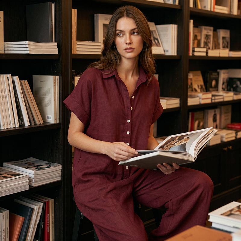 Combinaison-pantalon ample décontractée à manches courtes et boutons pour femme