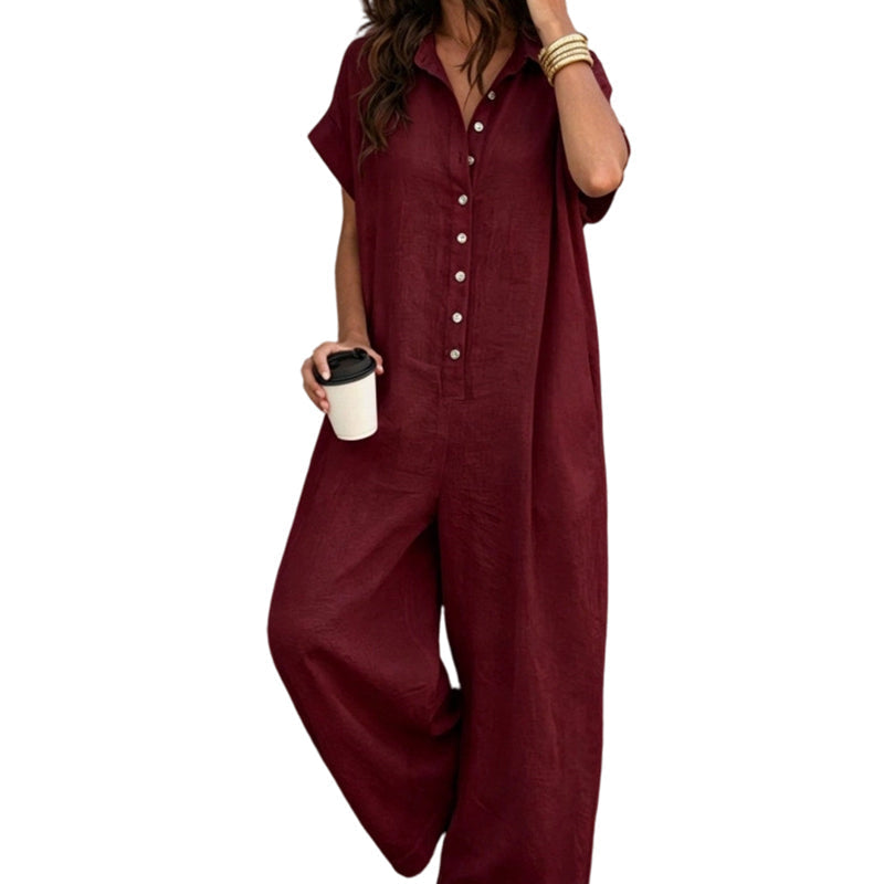 Combinaison-pantalon ample décontractée à manches courtes et boutons pour femme