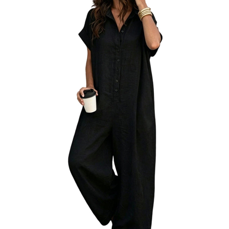 Combinaison-pantalon ample décontractée à manches courtes et boutons pour femme