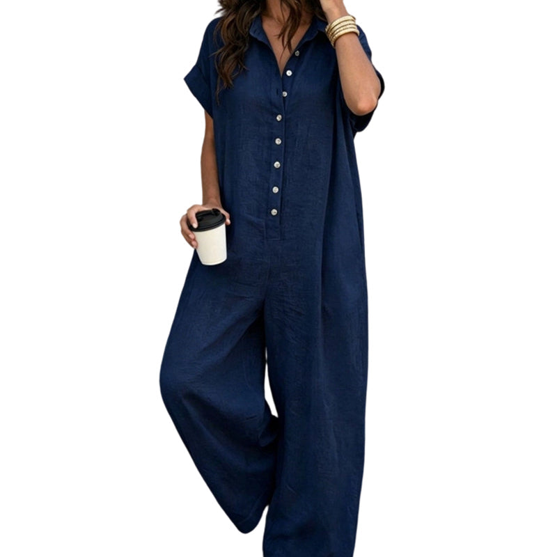 Combinaison-pantalon ample décontractée à manches courtes et boutons pour femme