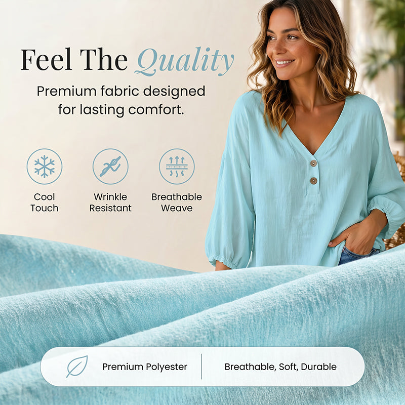 🔥-55%👕 Haut Décontracté Femme Col en V – Manches 3/4 Bouffantes en Tissu Texturé