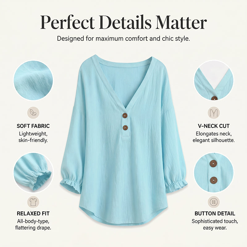 🔥-55%👕 Haut Décontracté Femme Col en V – Manches 3/4 Bouffantes en Tissu Texturé