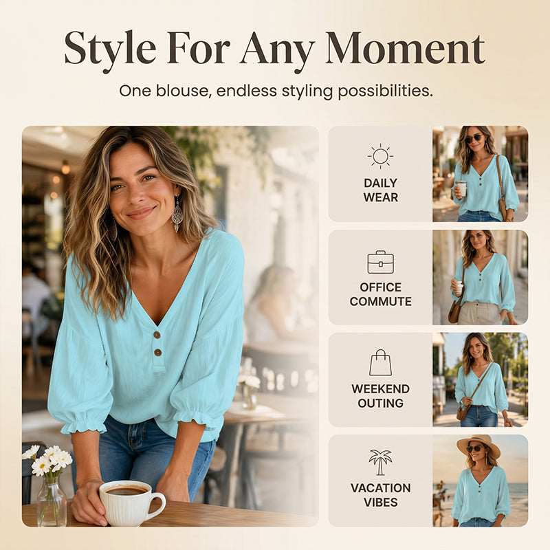 🔥-55%👕 Haut Décontracté Femme Col en V – Manches 3/4 Bouffantes en Tissu Texturé