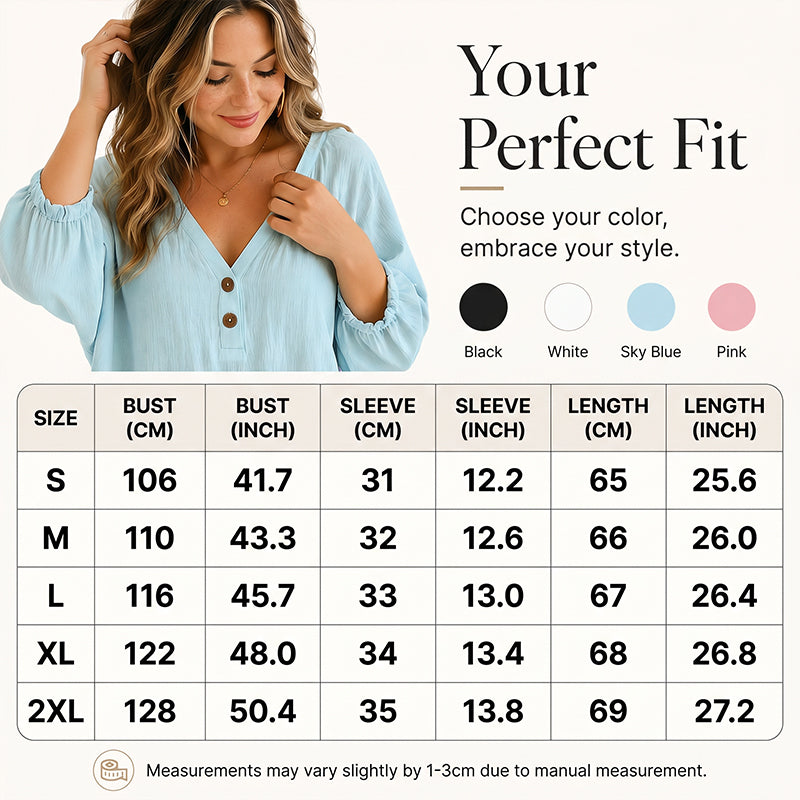 🔥-55%👕 Haut Décontracté Femme Col en V – Manches 3/4 Bouffantes en Tissu Texturé